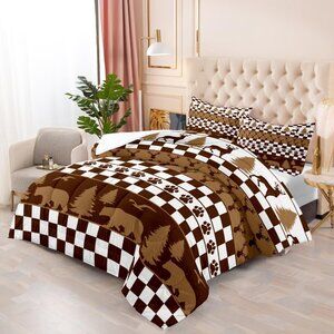 Bear Pine Tree Deer Checkerboard Microfiber Bedding Comforter Set 3 Pieces